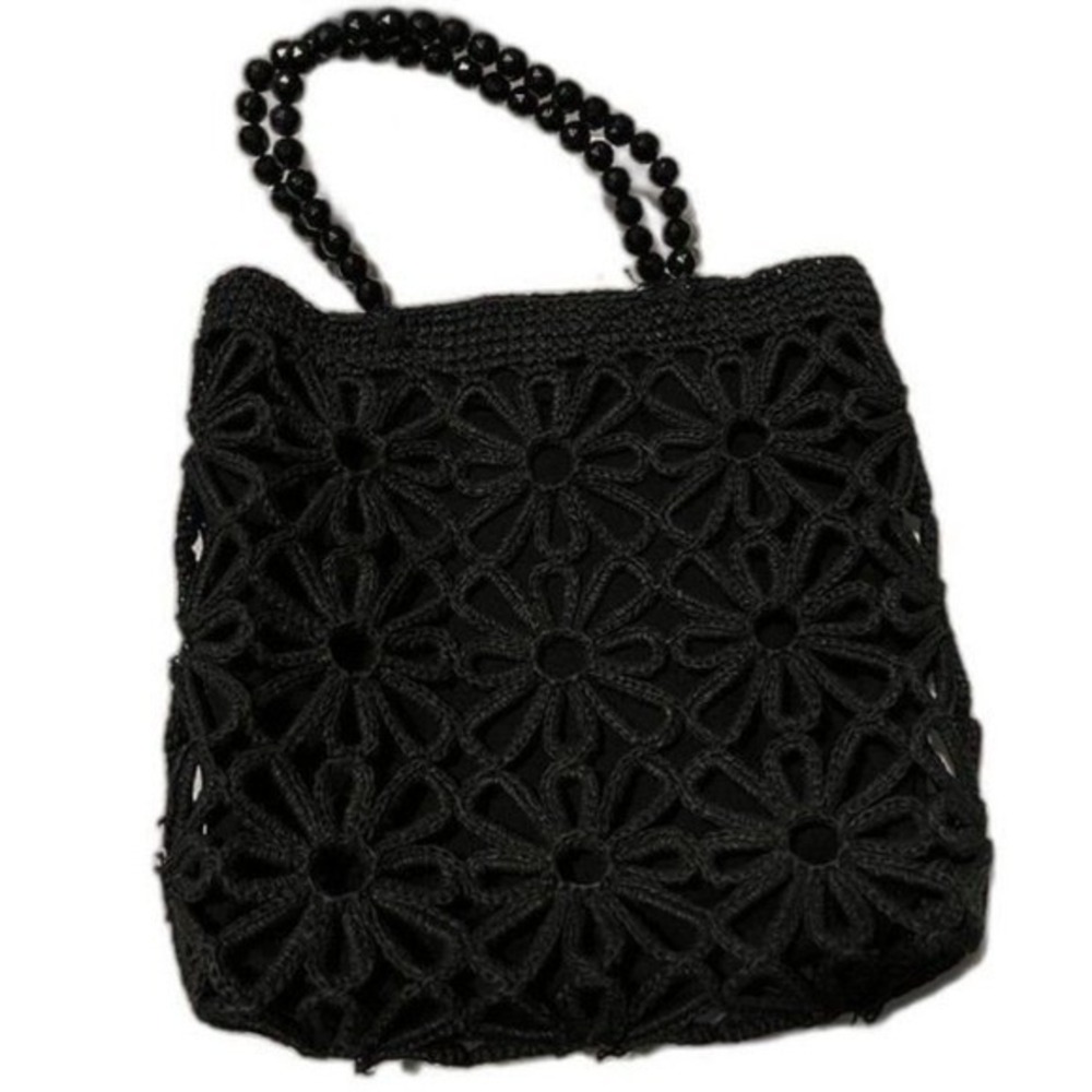 Womens Floral Crochet Beaded Dual Strap‎ Handbag Shoulder Tote Bag Black Purse